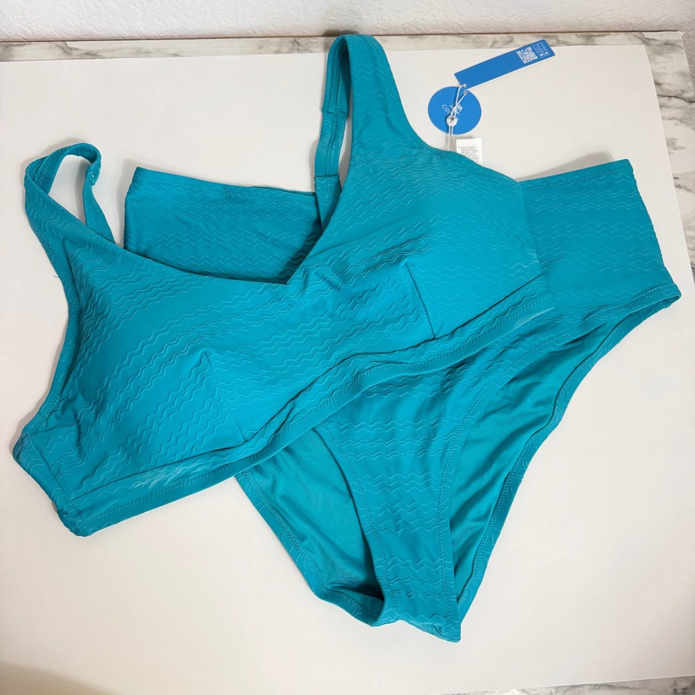 Cupshe Womens Teal Blue Textured Wavy High Waisted Bikini Set Size 3X NWT